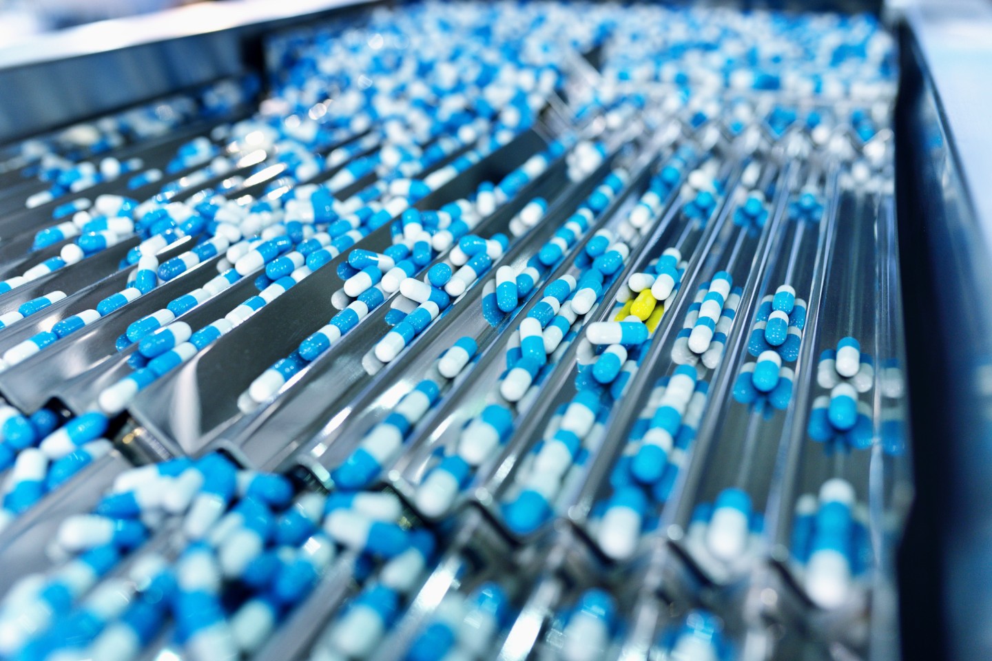 Blue capsules on a medicine production line