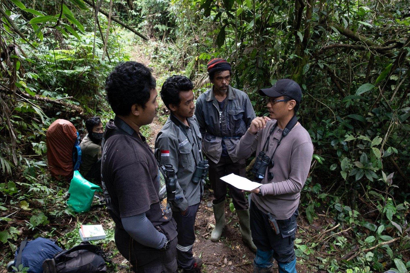 A team of researchers and conservationists in discussion on a jungle path in Java