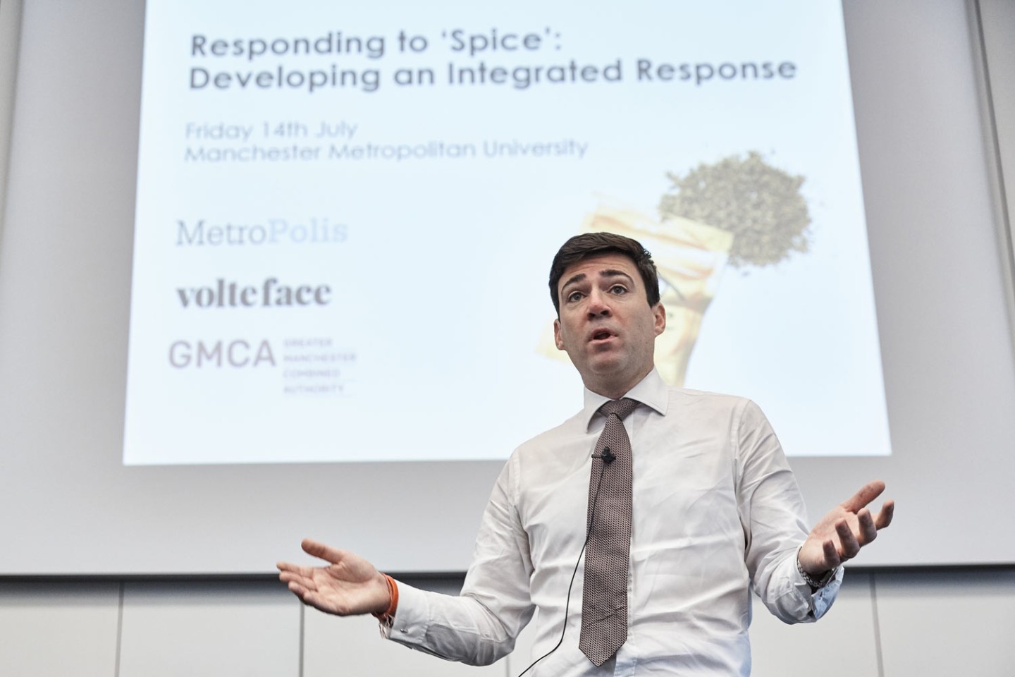 Greater Manchester mayor Andy Burnham speaking at a conference on spice