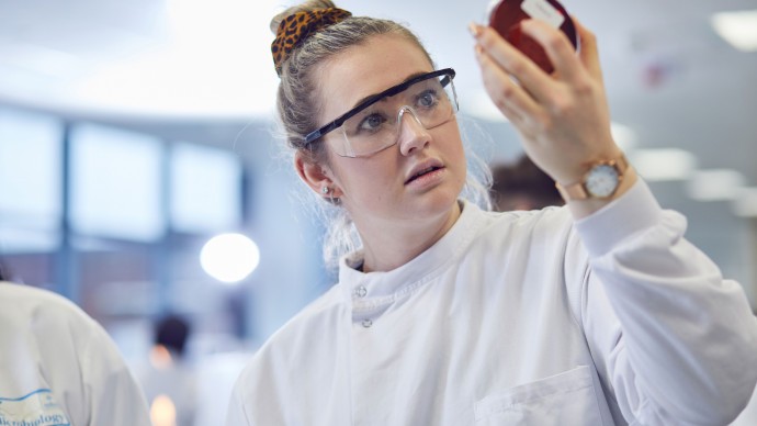 Postgraduate researcher inspecting a petri dish in a science laboratory