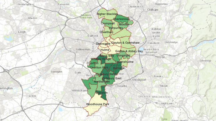 A map of Manchester showing the borough's various wards.