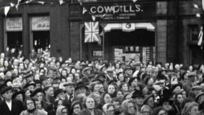 Crowds in Colne watching a Historical Pageant in 1951