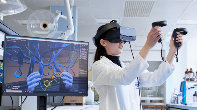 Student using a VR headset in a chemistry lab