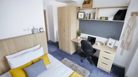 An archway bedroom shown from the rear left corner. There is a large bed, a desk, a wardrobe and some shelving.