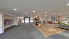 The spacious reception area of the Archway building.