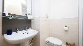 Mill Point ensuite with sink, mirror, shelf, toilet, toilet roll holder and shower