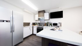 Mill Point modern kitchen with oven, large fridge, cupboards, large screen TV and breakfast bar station