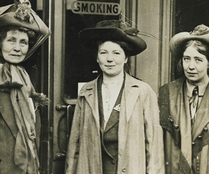 Emmeline, Christabel and Sylvia Pankhurst at Waterloo Station, October 4, 1911