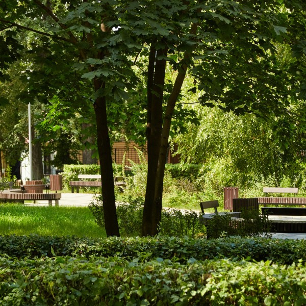 Green space outside a hospital, lots of trees and grass